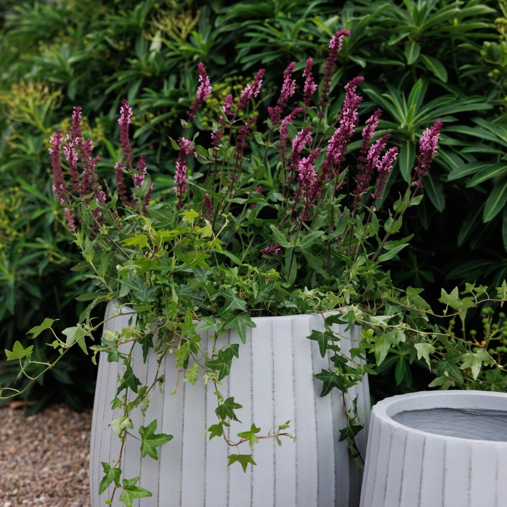 Set of three column ribbed pots - smoke grey