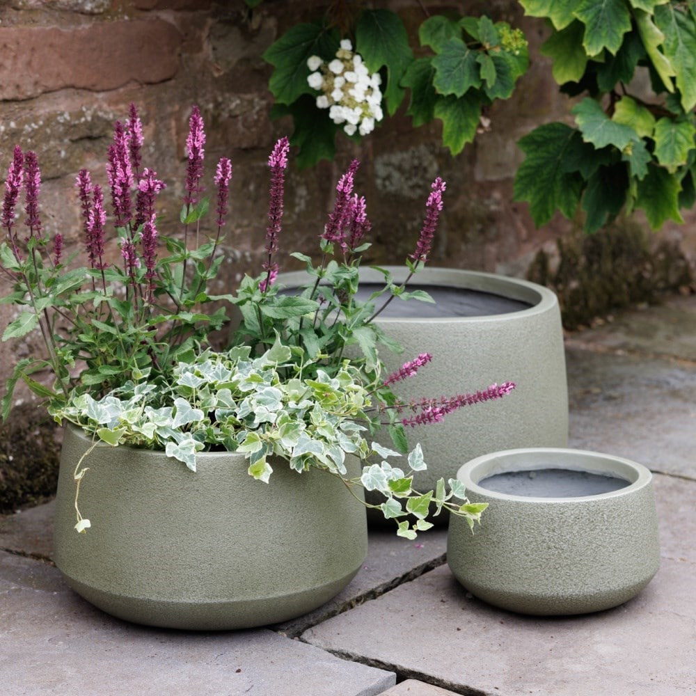 Set of three low bowl planters - khaki
