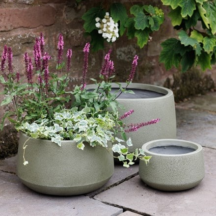 Set of three low bowl planters - khaki