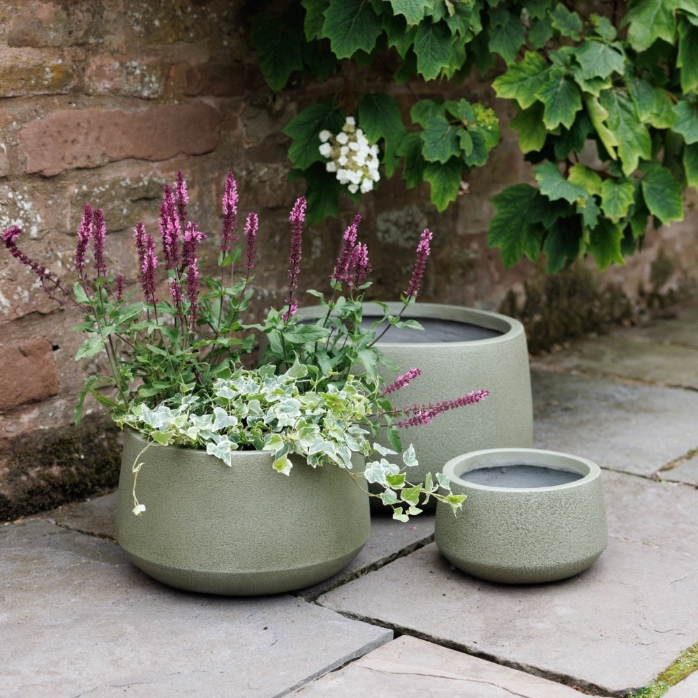 Set of three low bowl planters - khaki