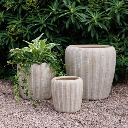Set of three large ribbed planters - sand