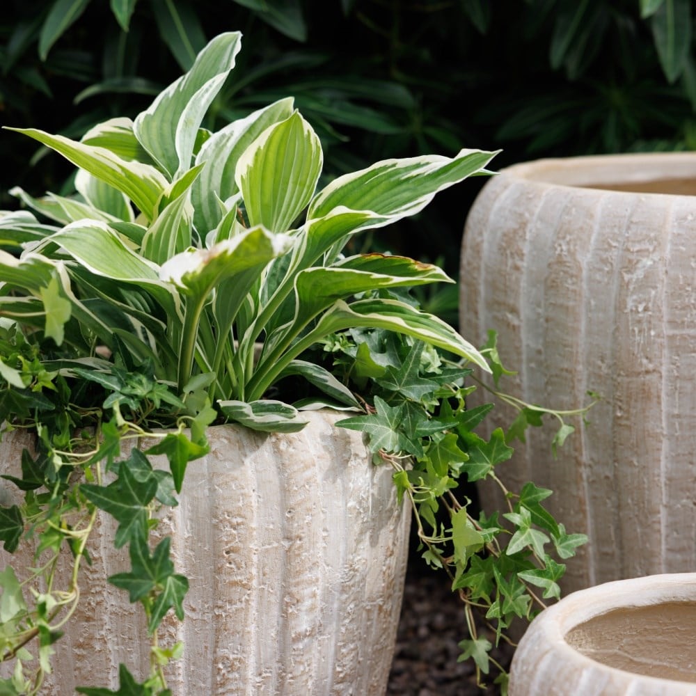 Set of three large ribbed planters - sand
