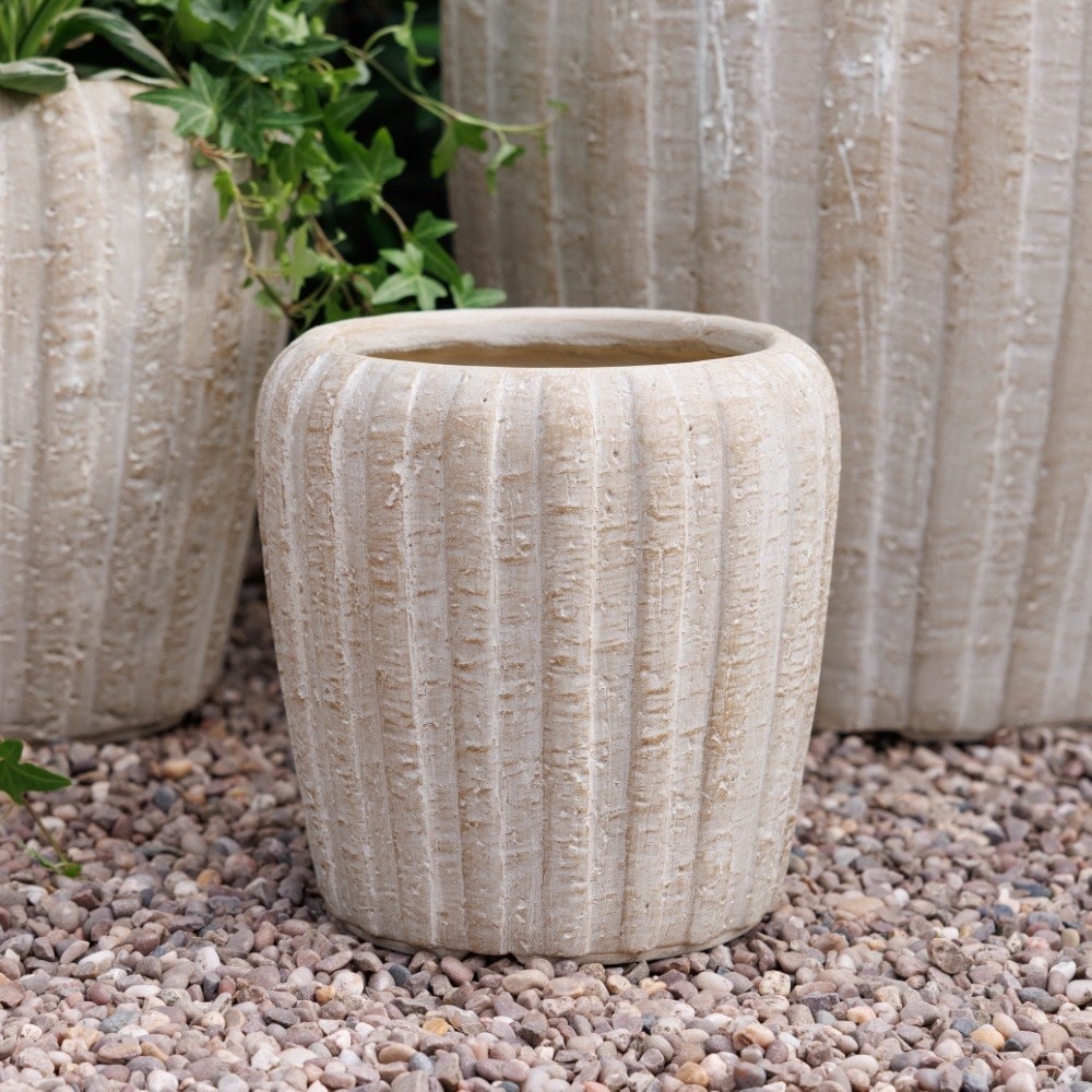 Set of three large ribbed planters - sand