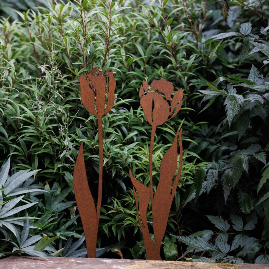 Set of 2 rusted tulip stakes