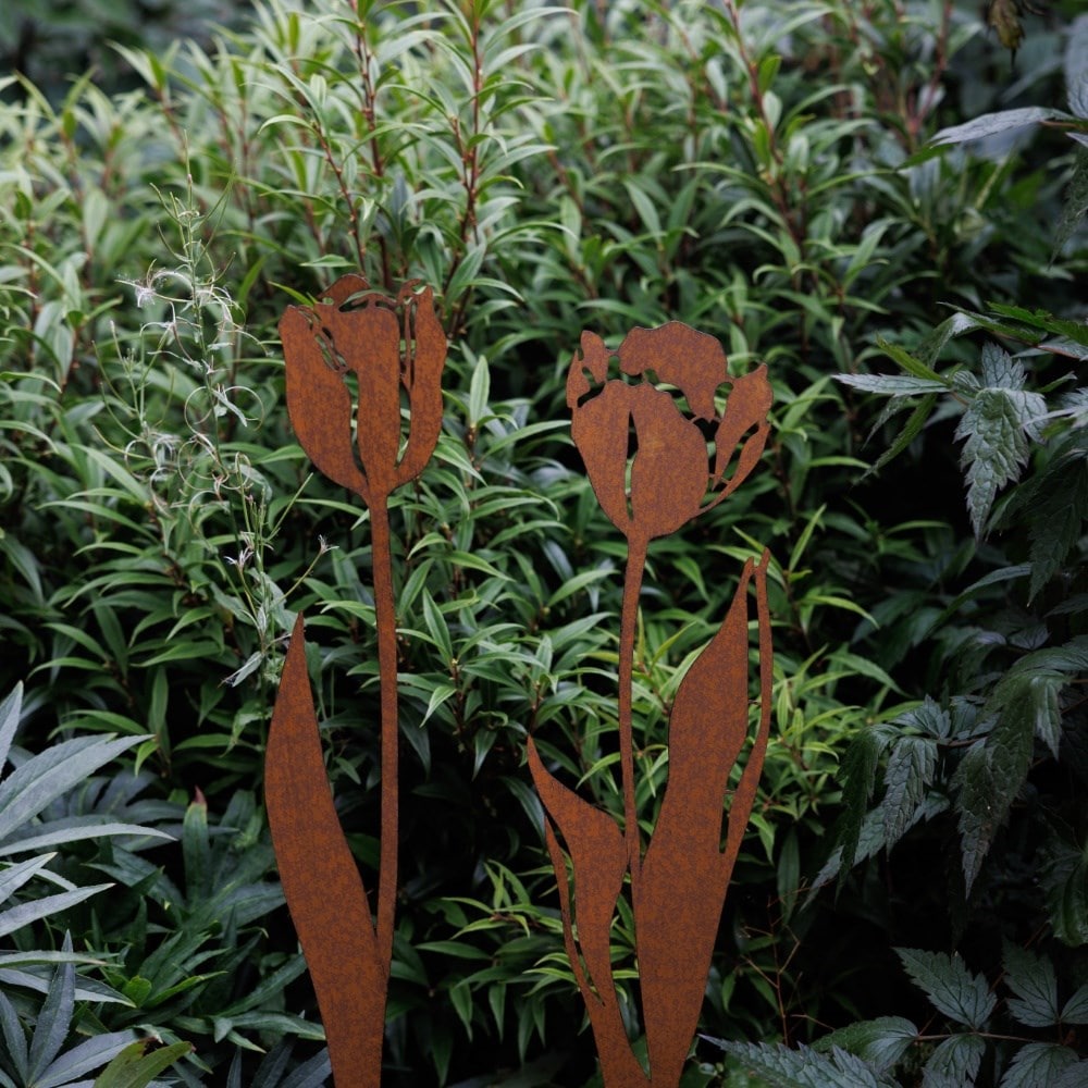 Set of 2 rusted tulip stakes