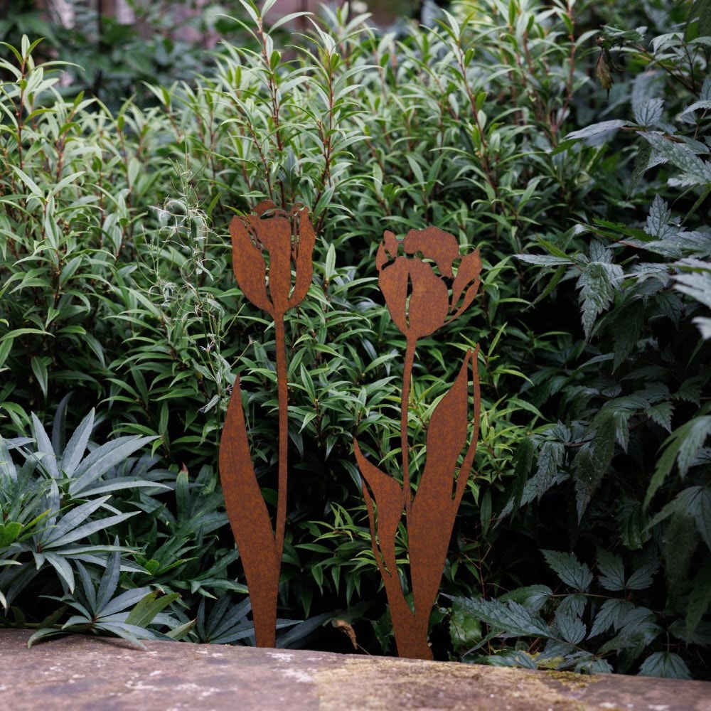 Set of 2 rusted tulip stakes