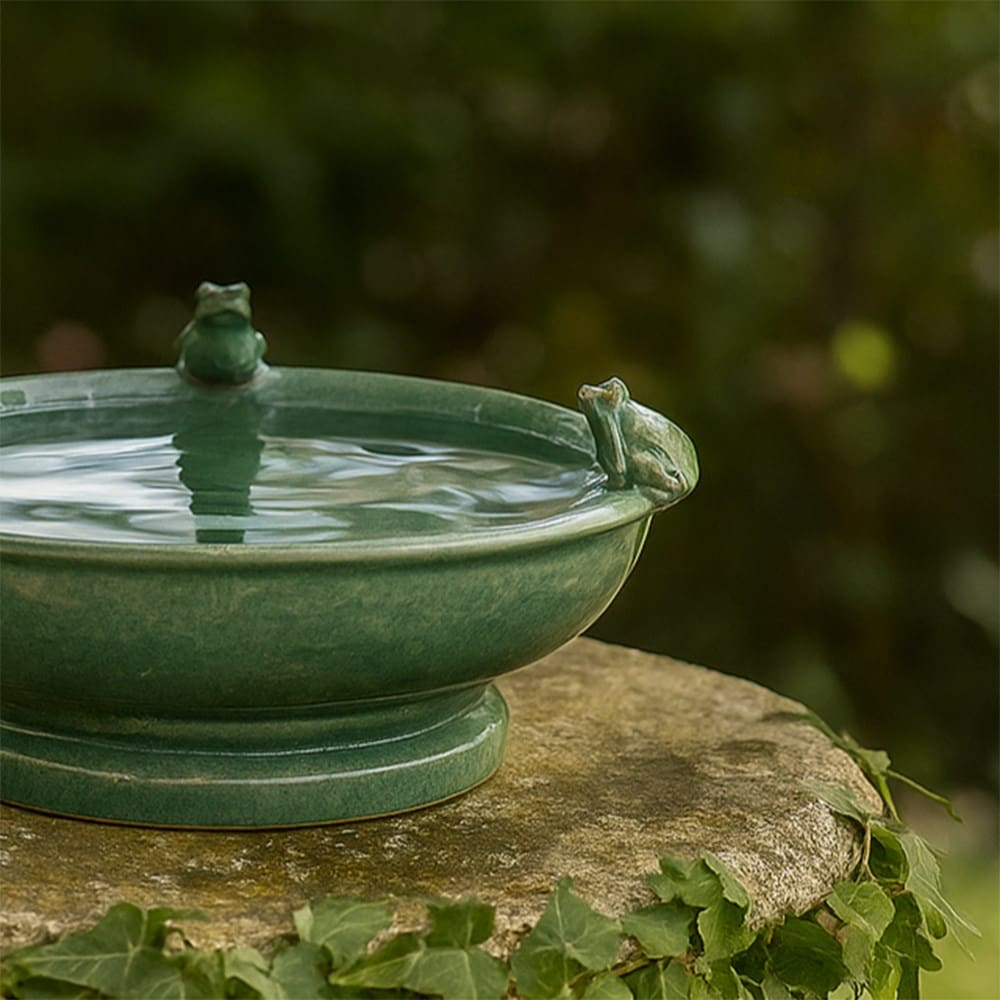 Ceramic glazed standing bird bath - marble green 