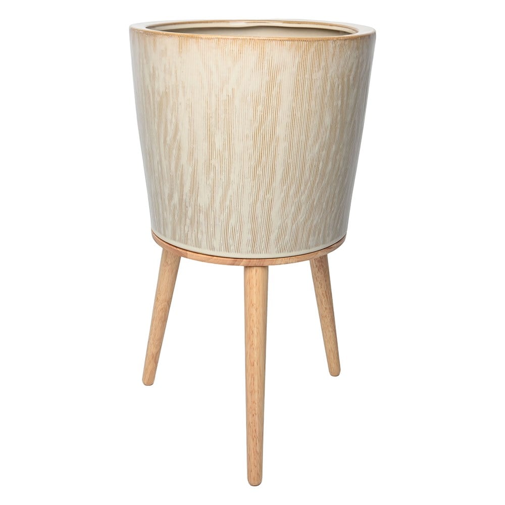 Large glazed plant pot with wooden legs - white