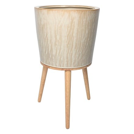Large glazed plant pot with wooden legs - white