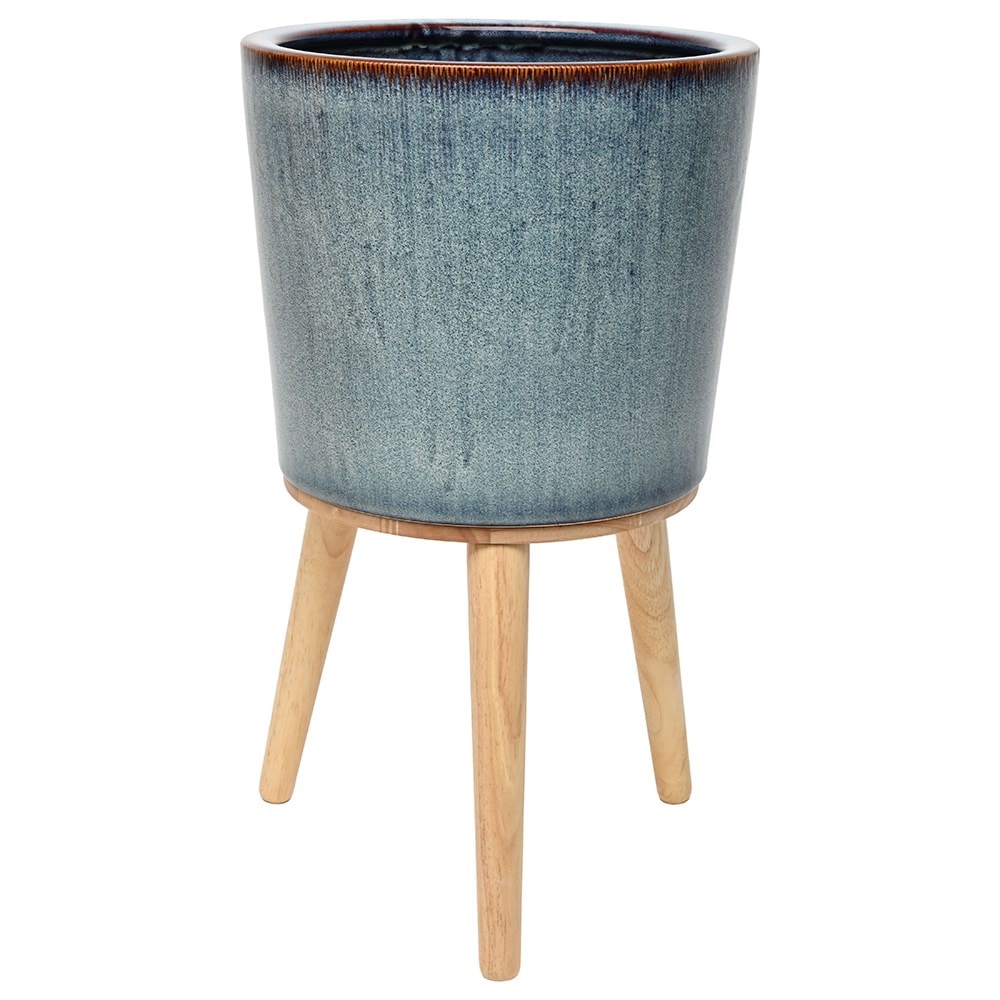 Large glazed plant pot with wooden legs - blue
