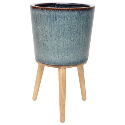 Large glazed plant pot with wooden legs - blue