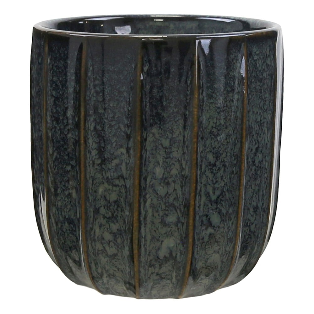 Glazed mottled ribbed plant pot - deep blue