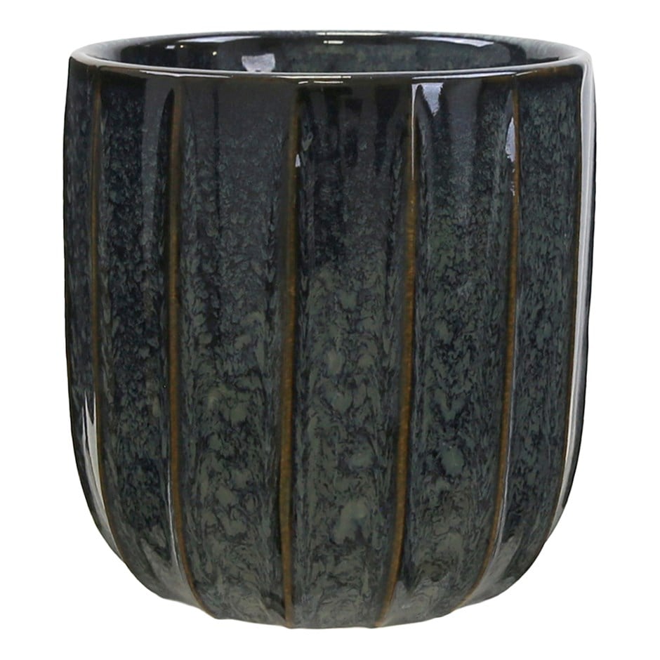 Glazed mottled ribbed plant pot - deep blue