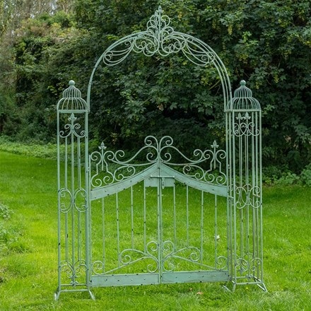 Vintage garden arch with gates - antique green