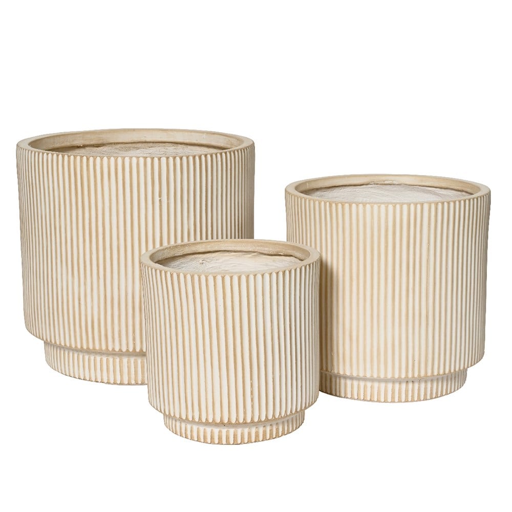 Set of three fine ribbed pots in light sand