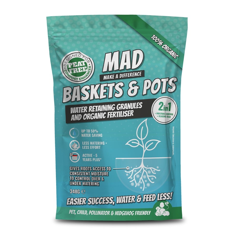 Organic water saving granules and fertiliser for pots and baskets