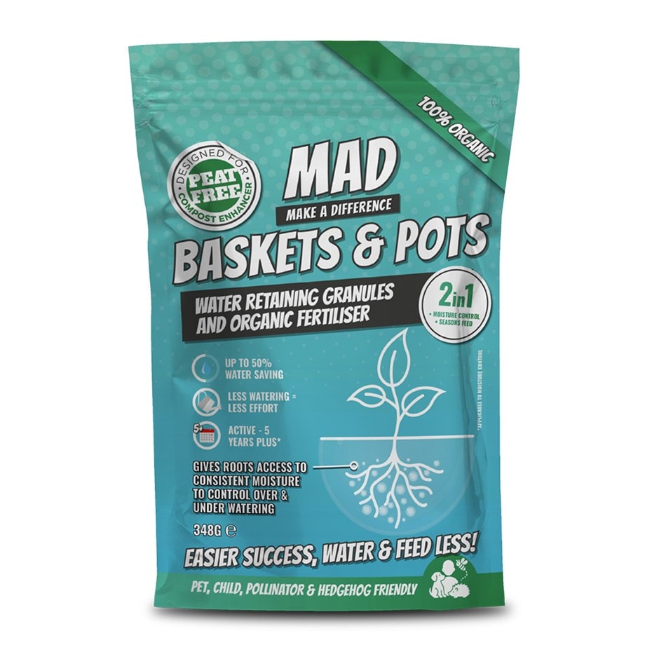 Organic water retaining granules and fertiliser for pots and baskets