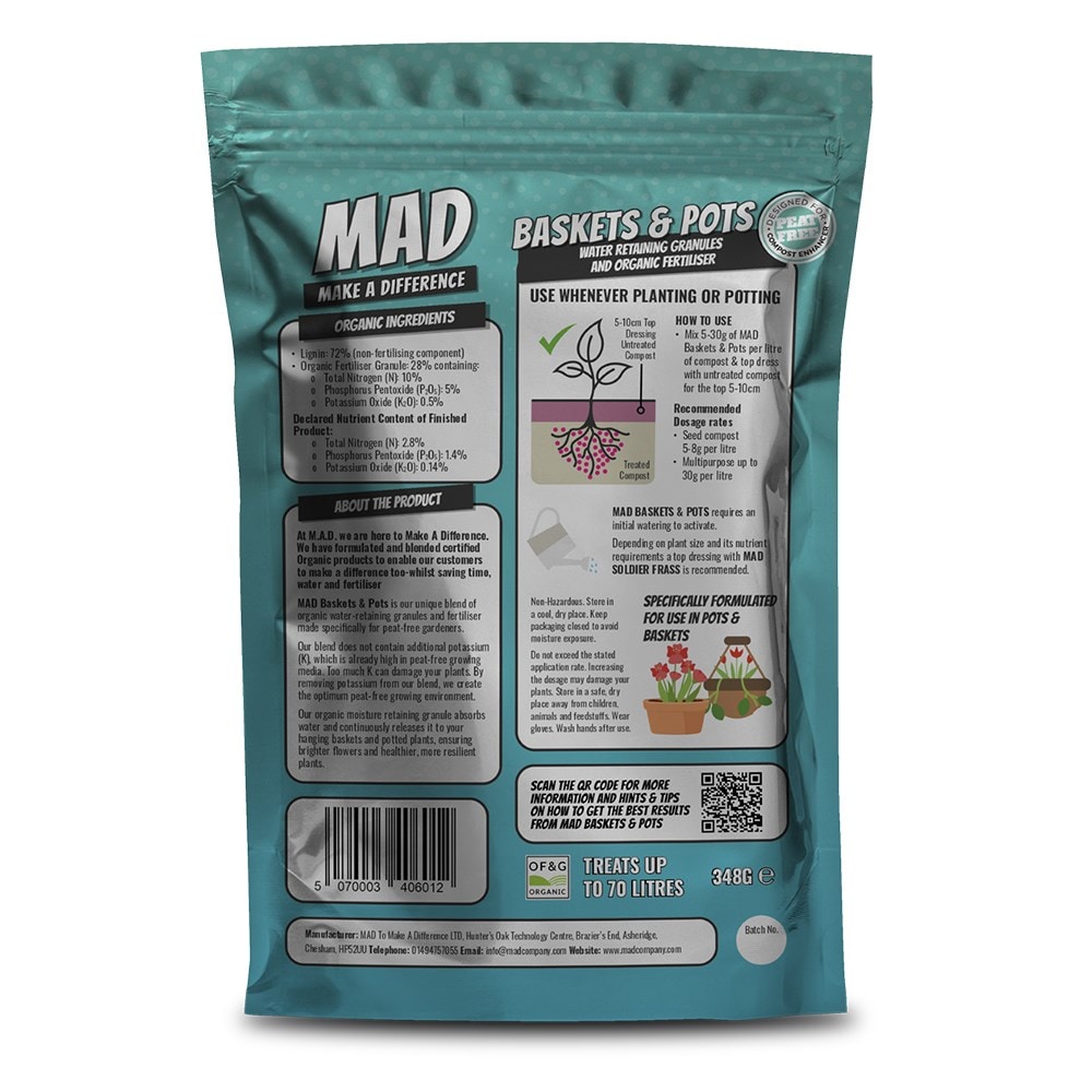 Organic water retaining granules and fertiliser for pots and baskets