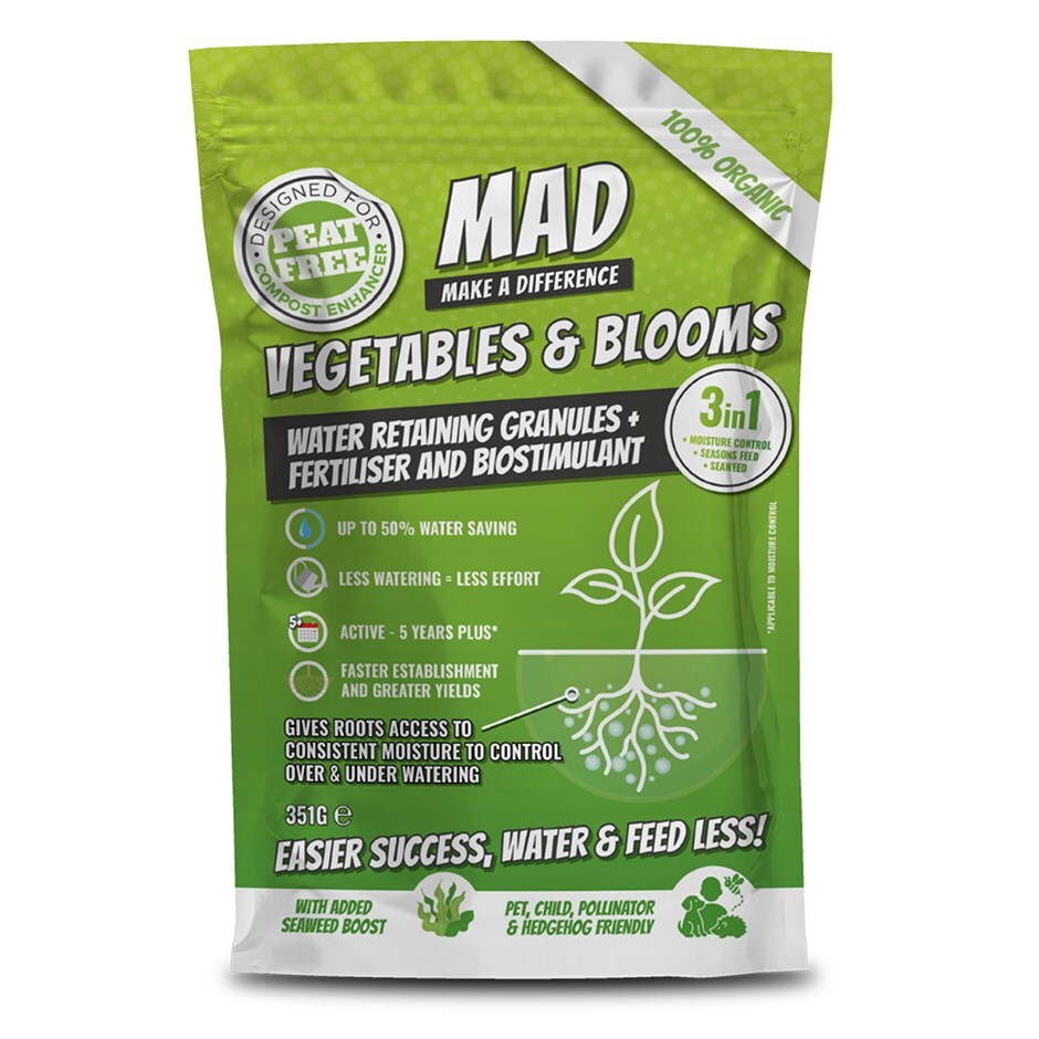 Water retaining granules and fertiliser for vegetables and blooms