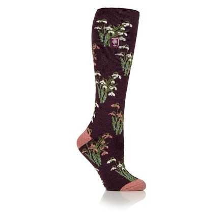 RHS Women's lite thermal wellington boot socks - burgundy floral