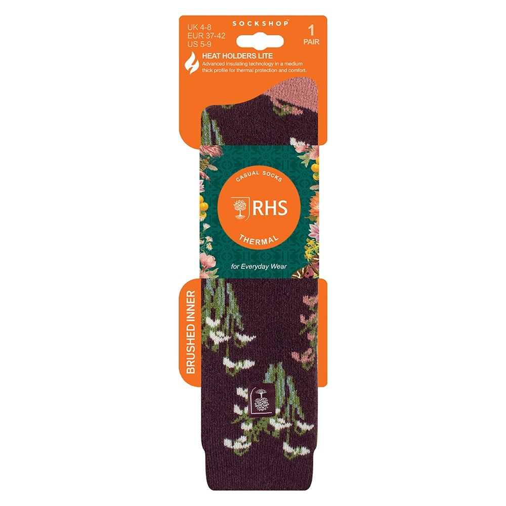 RHS Women's lite thermal wellington boot socks - burgundy floral