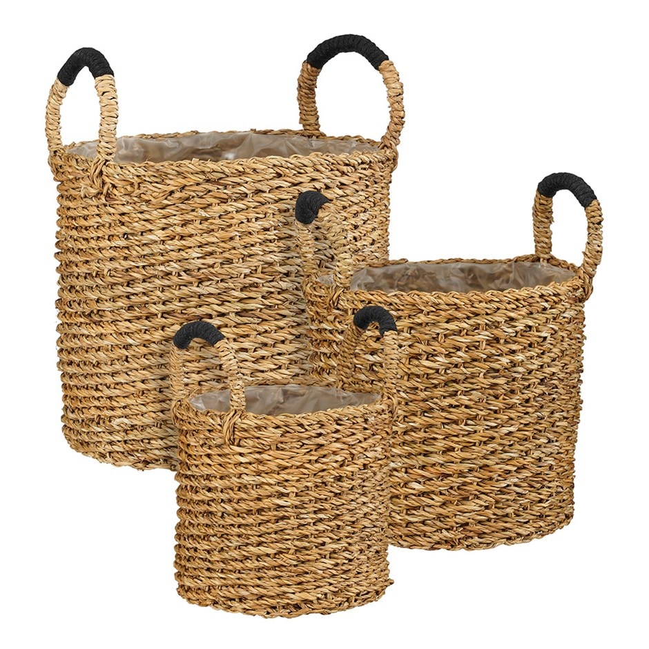 Set of three jute plant pot with handles