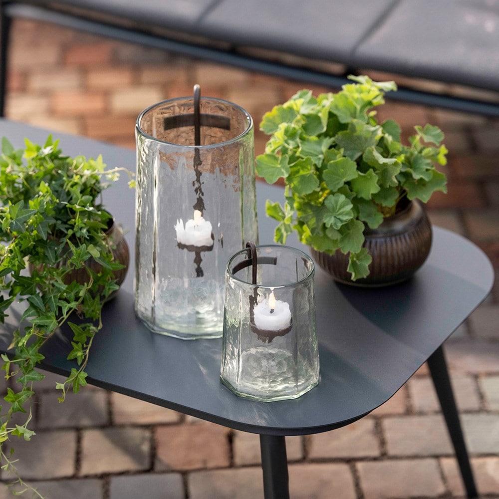 Glass hurricane lamp with tealight holder