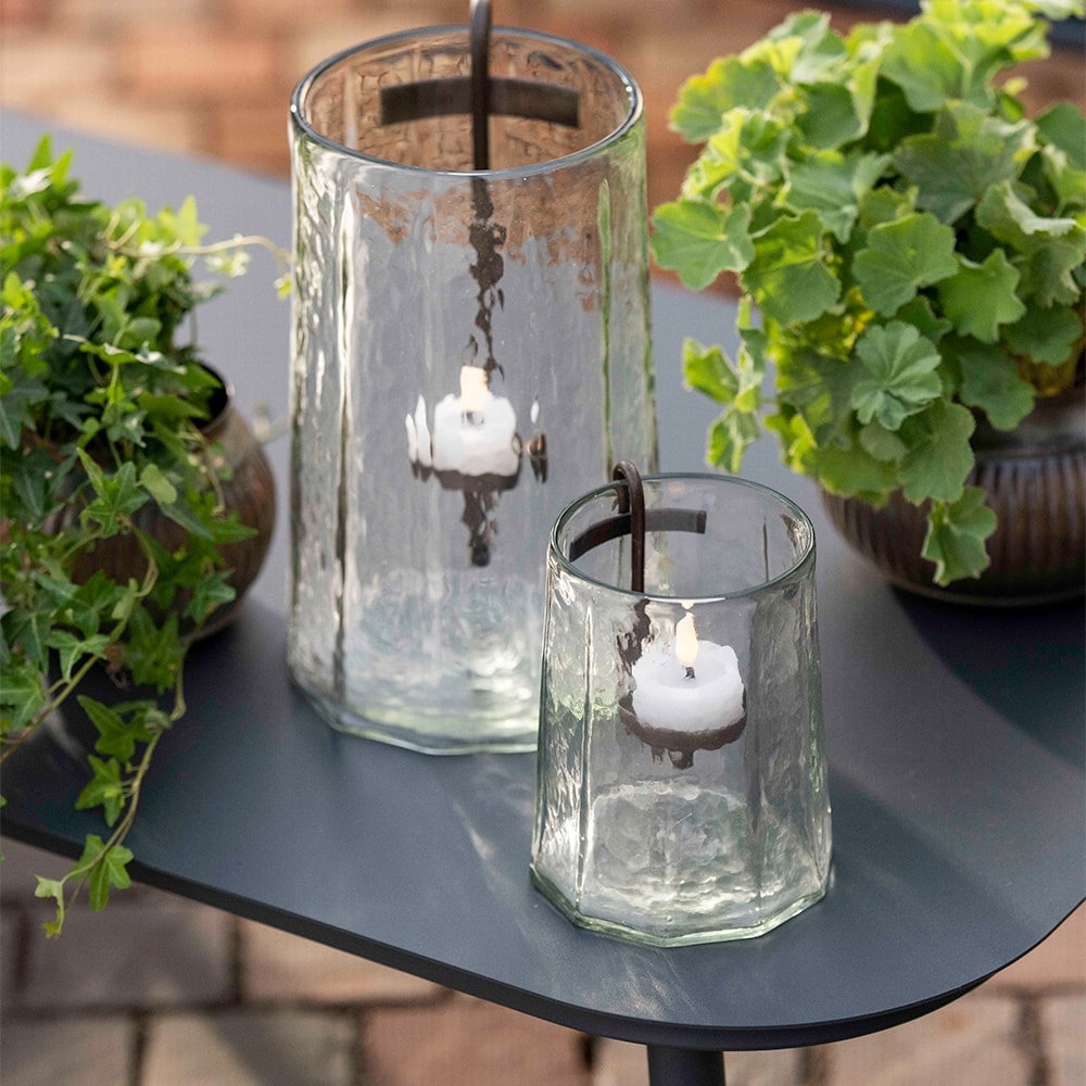 Glass hurricane lamp with tealight holder