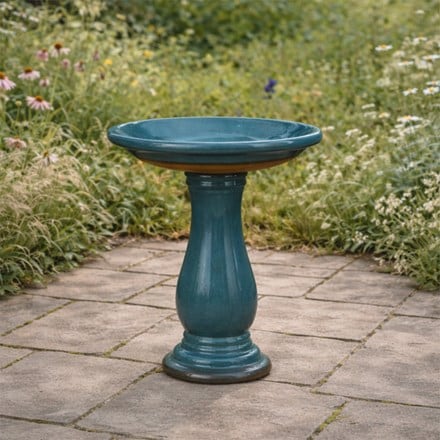 Glazed bird bath with stand - blue