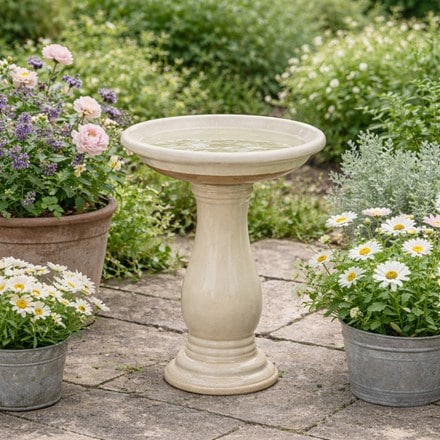 Glazed bird bath with stand - white