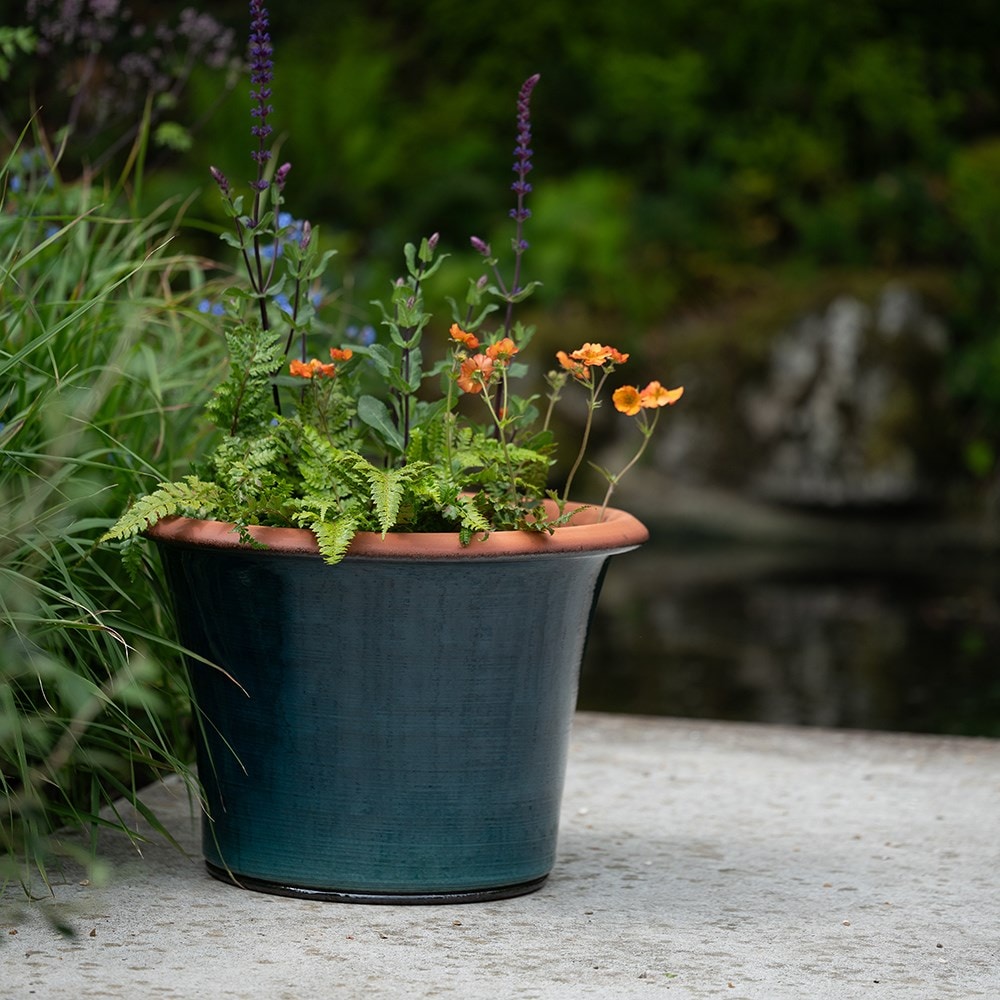 Glazed terracotta terrace pot - cyan