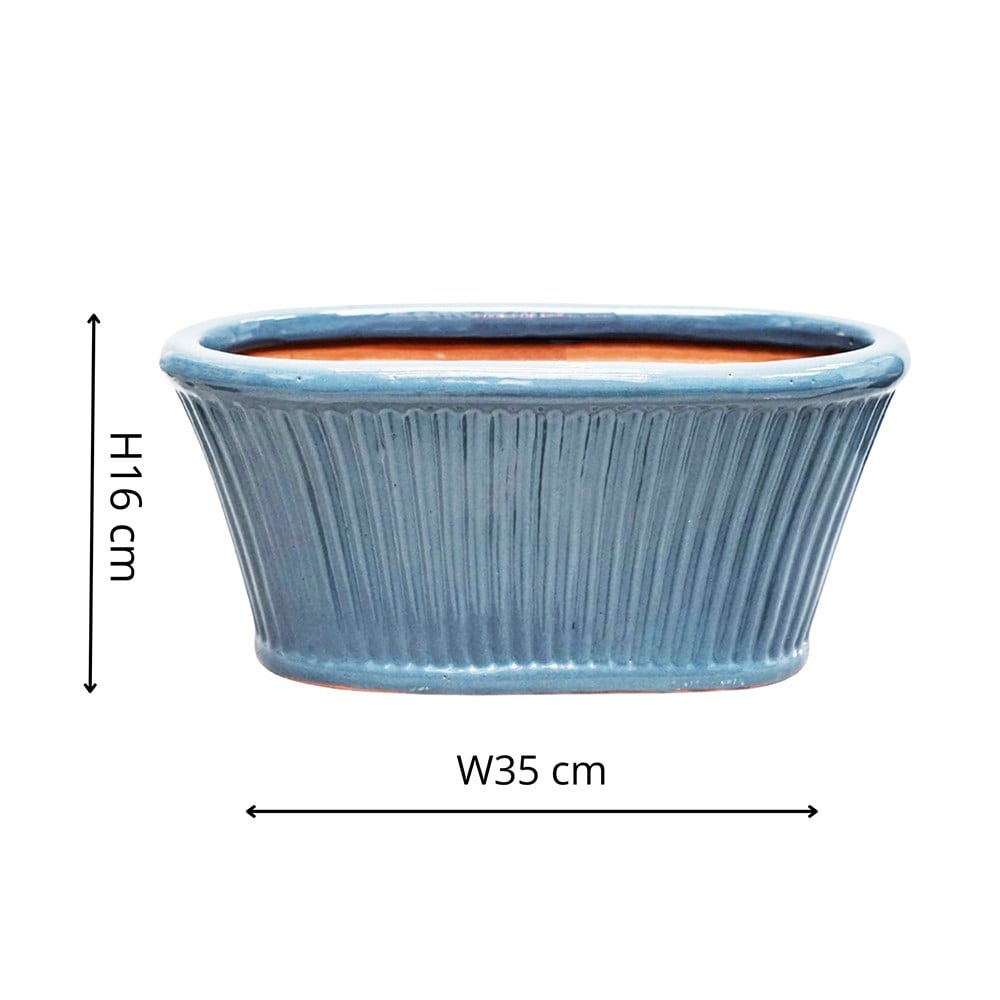 Ribbed glazed trough planter - blue