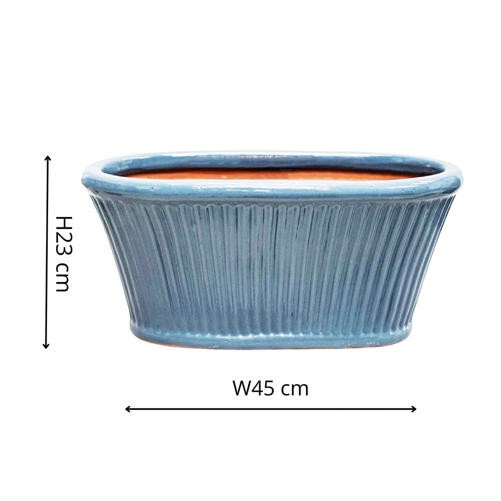 Ribbed glazed trough planter - blue