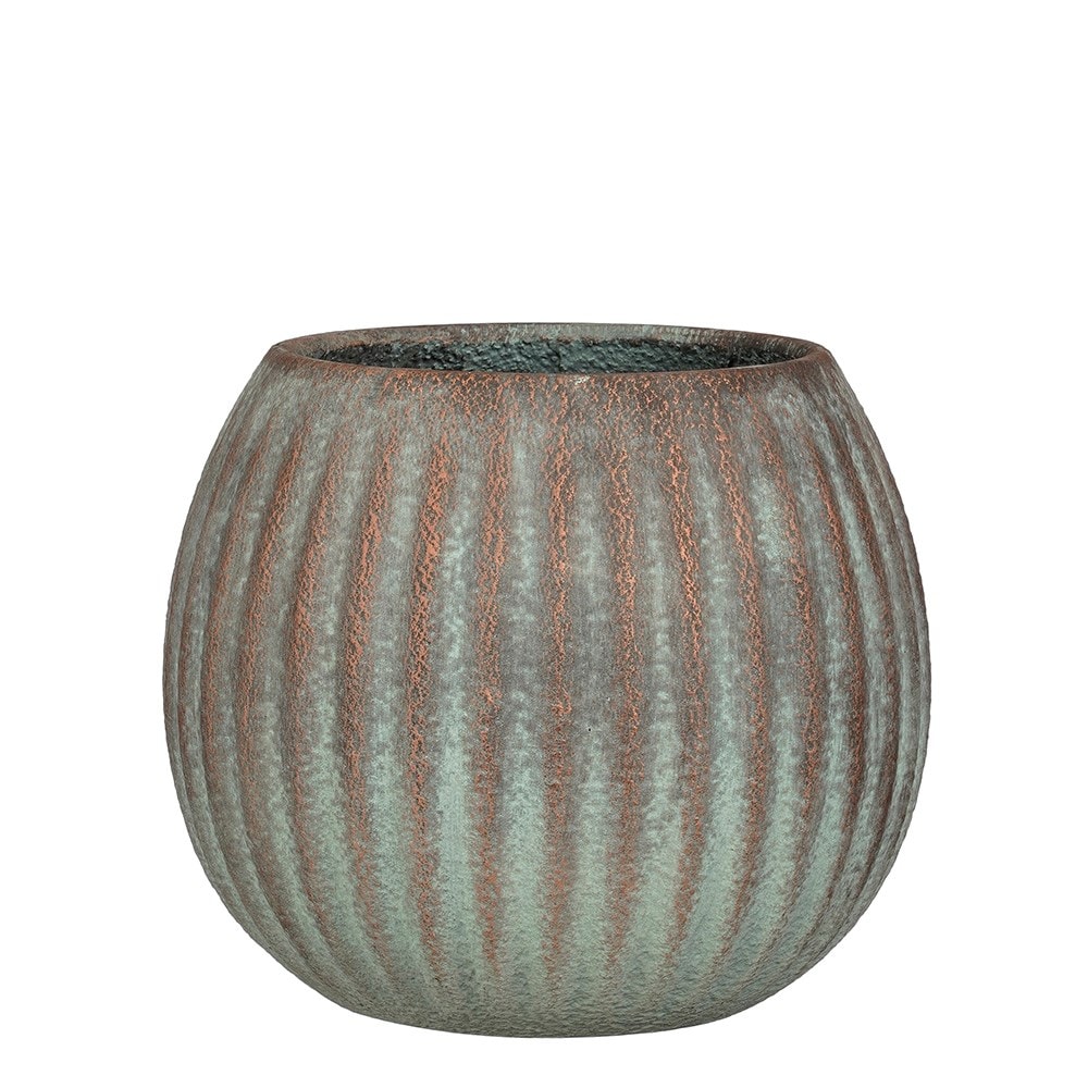 Round ribbed plant pot - aged verdigris green