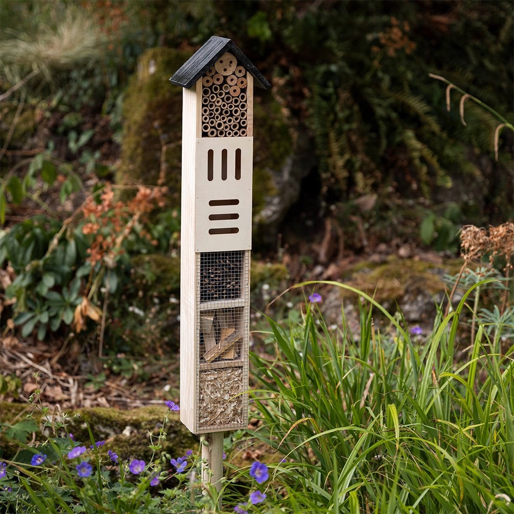 Insect hotel on stake - grey & natural