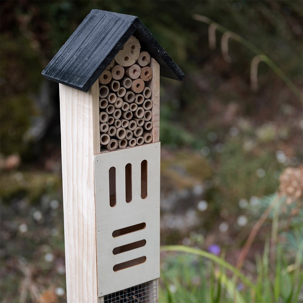 Insect hotel on stake - grey & natural