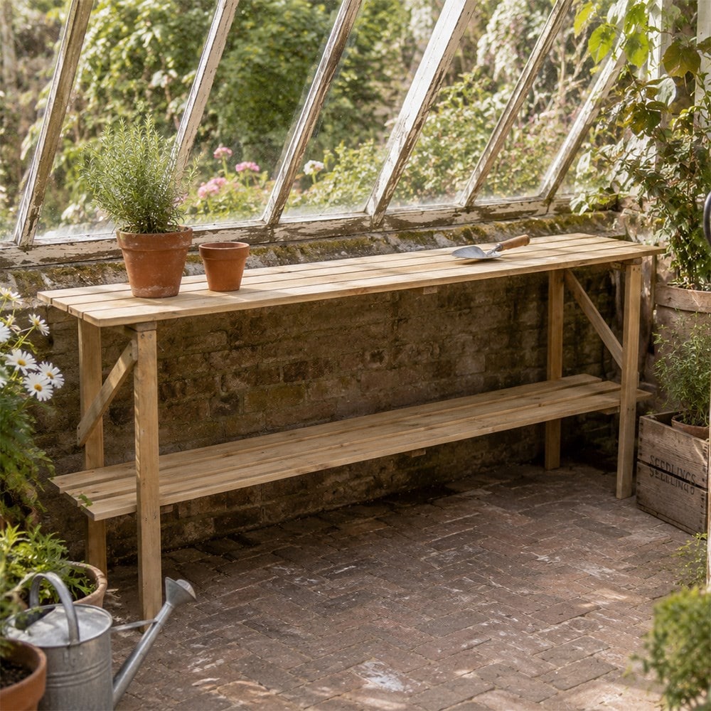 Wooden greenhouse staging 2 tier - long narrow