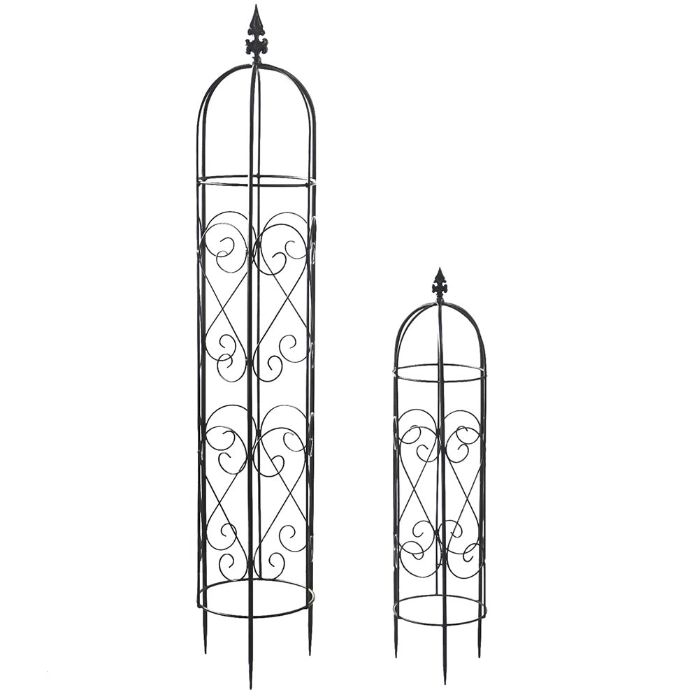 Set of 2 ornate metal garden obelisks - black 