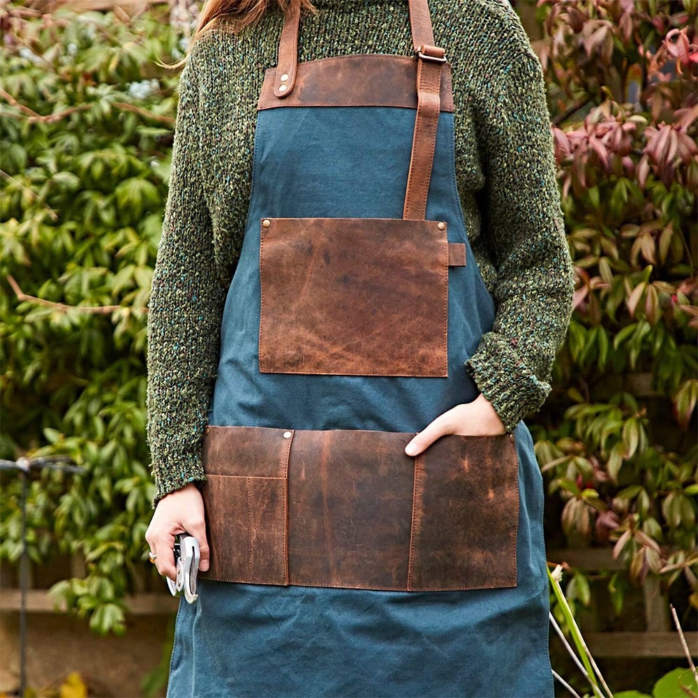 Recycled cotton & buffalo leather gardeners apron - blue