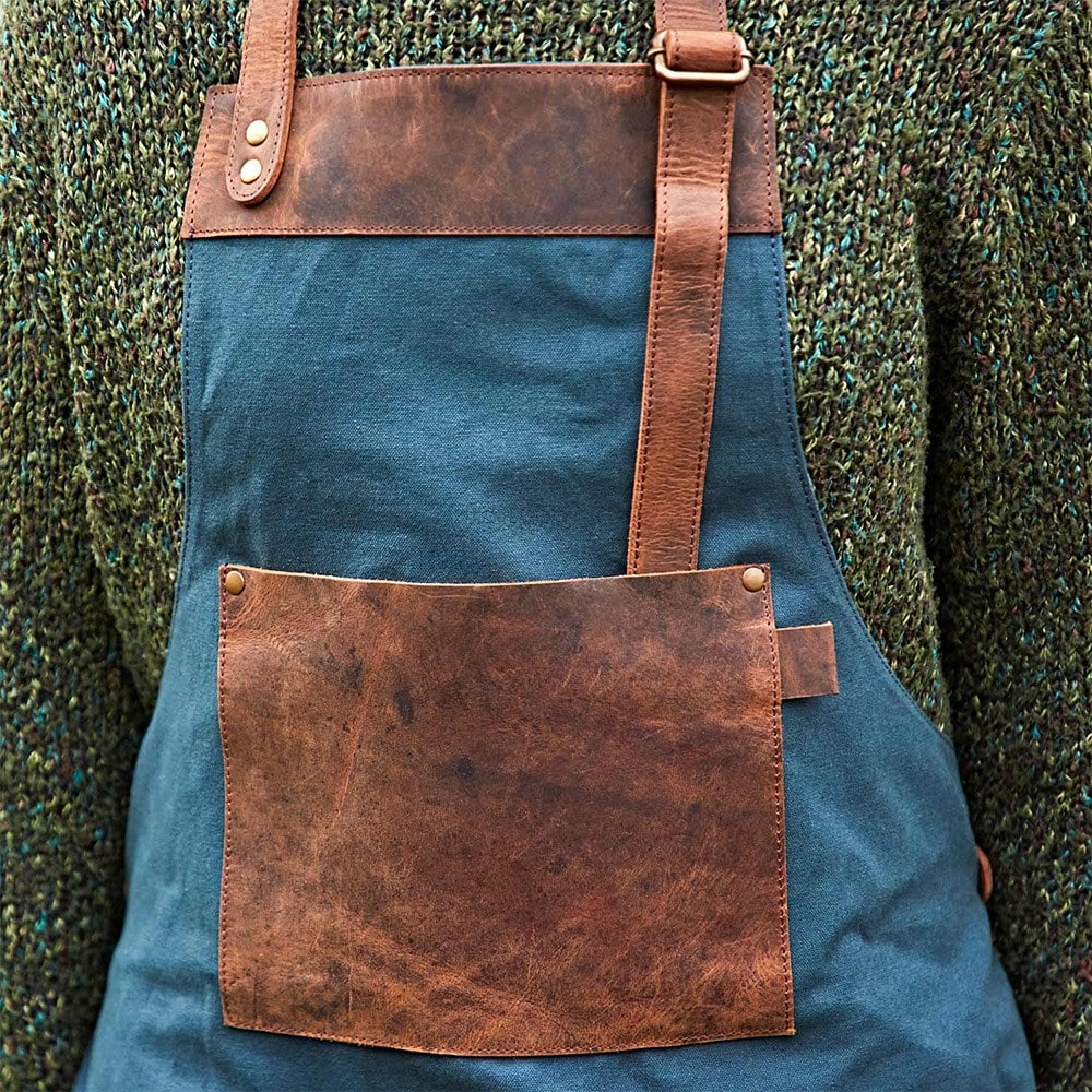 Recycled cotton & buffalo leather gardeners apron - blue