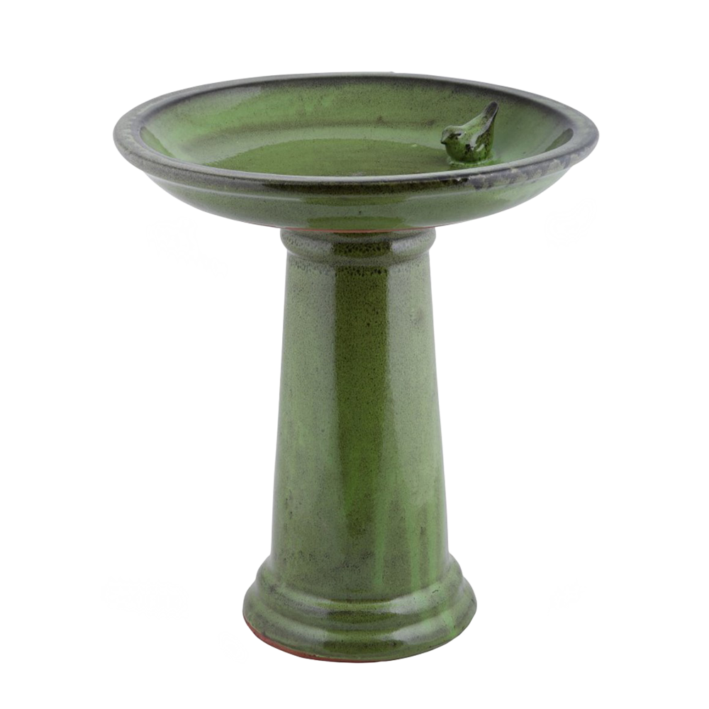 Green Glazed Ceramic Pedestal Bird Bath