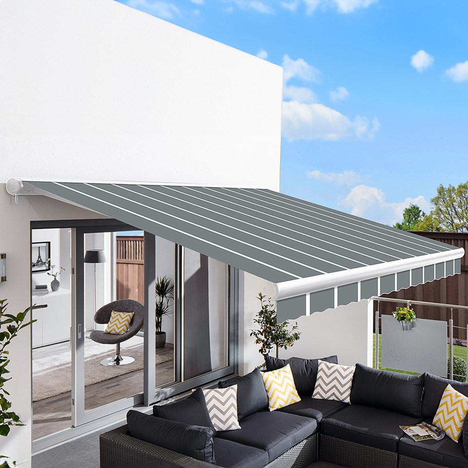 Full Cassette Electric Awning | Pin Striped Grey