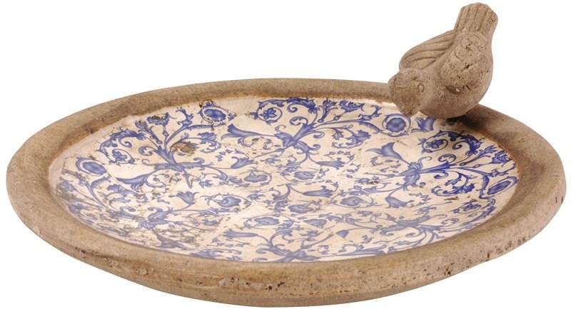 D33.5cm Aged Ceramic Bird Bath with Bird Detail
