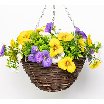 Medium Artificial Pansy Hanging Basket | Primrose™ (25cm) Yellow, Purple & White