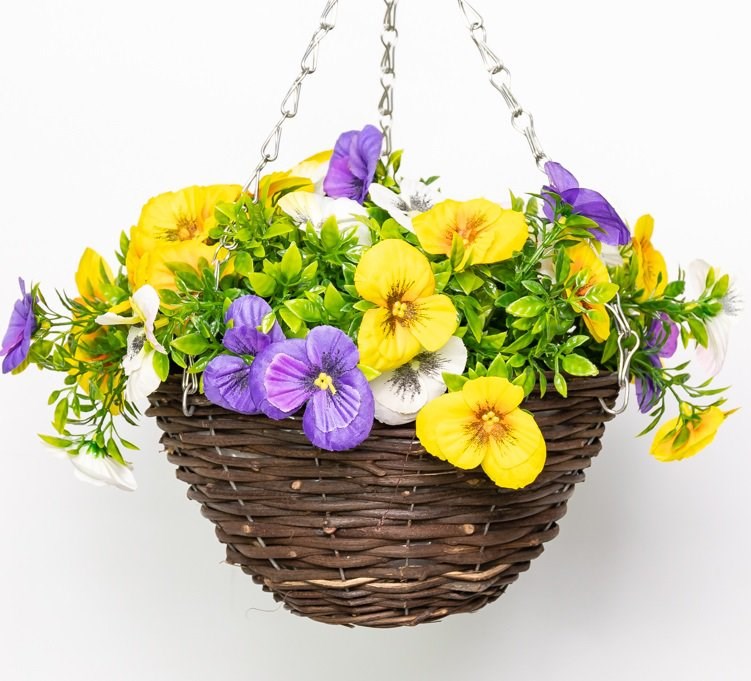 Medium Artificial Pansy Hanging Basket | Yellow, Purple & White | Primrose™
