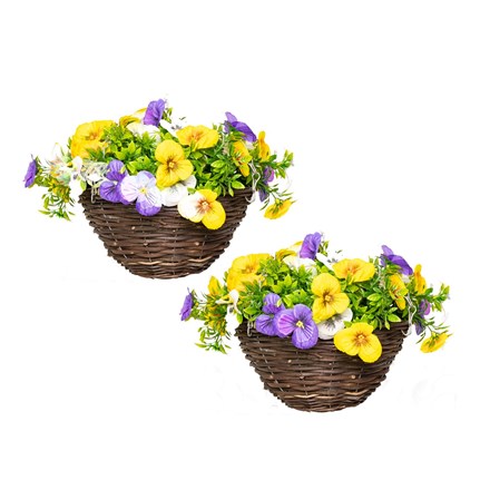 Pair of Medium Artificial Pansy Hanging Baskets | Primrose™ (25cm) Yellow, Purple & White
