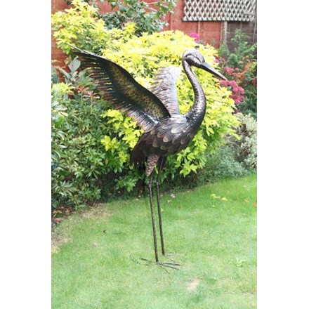 Large Bronze Crane with Wings Up Garden Ornament - 1m