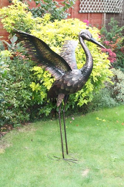Large Bronze Crane with Wings Up Garden Ornament - 1m