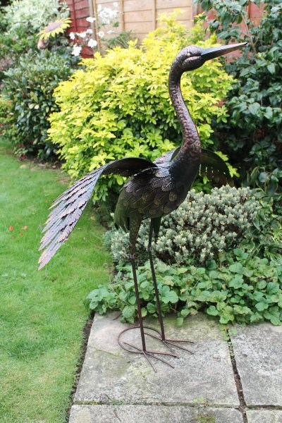 Large Bronze Crane with Wings Down Garden Ornament - 1.1m