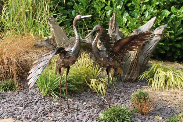 Small Bronze Crane with Wings Up Garden Ornament - 64cm